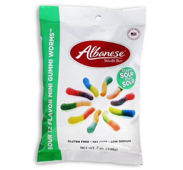 Albanese Sour 12 Flavor Mini Gummi Worms Peg Bags: 12-Piece Box