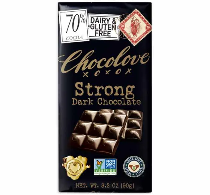 Chocolove Strong Dark Chocolate Candy Bars: 12-Piece Box