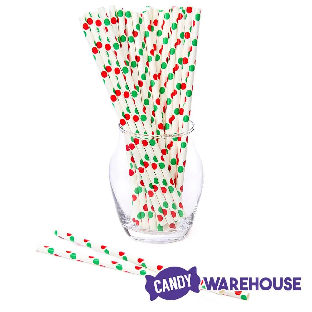 Paper 7.75-Inch Drinking Straws - Christmas Red and Green Polka Dots: 25-Piece Pack - Image 2