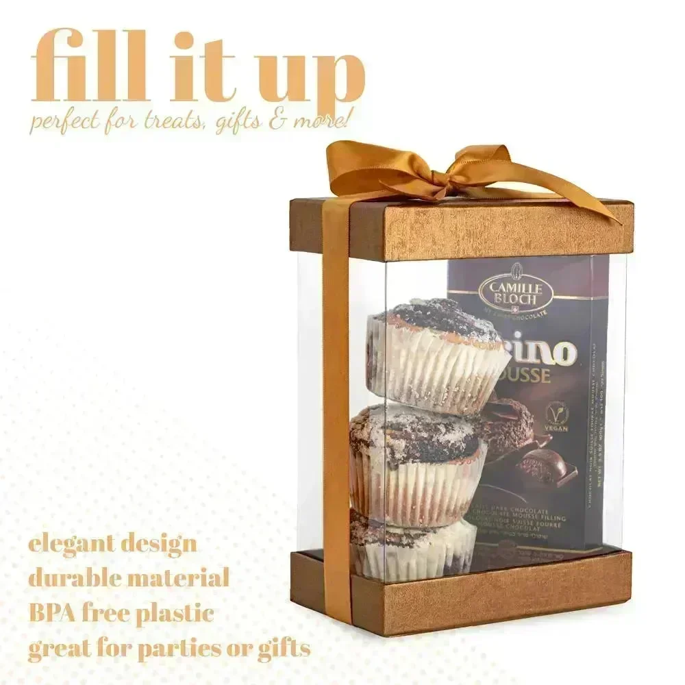Clear Gold 7X5X3" Gift Boxes 6 Pack Bakery Boxes With Base Lid & Ribbon - Image 4