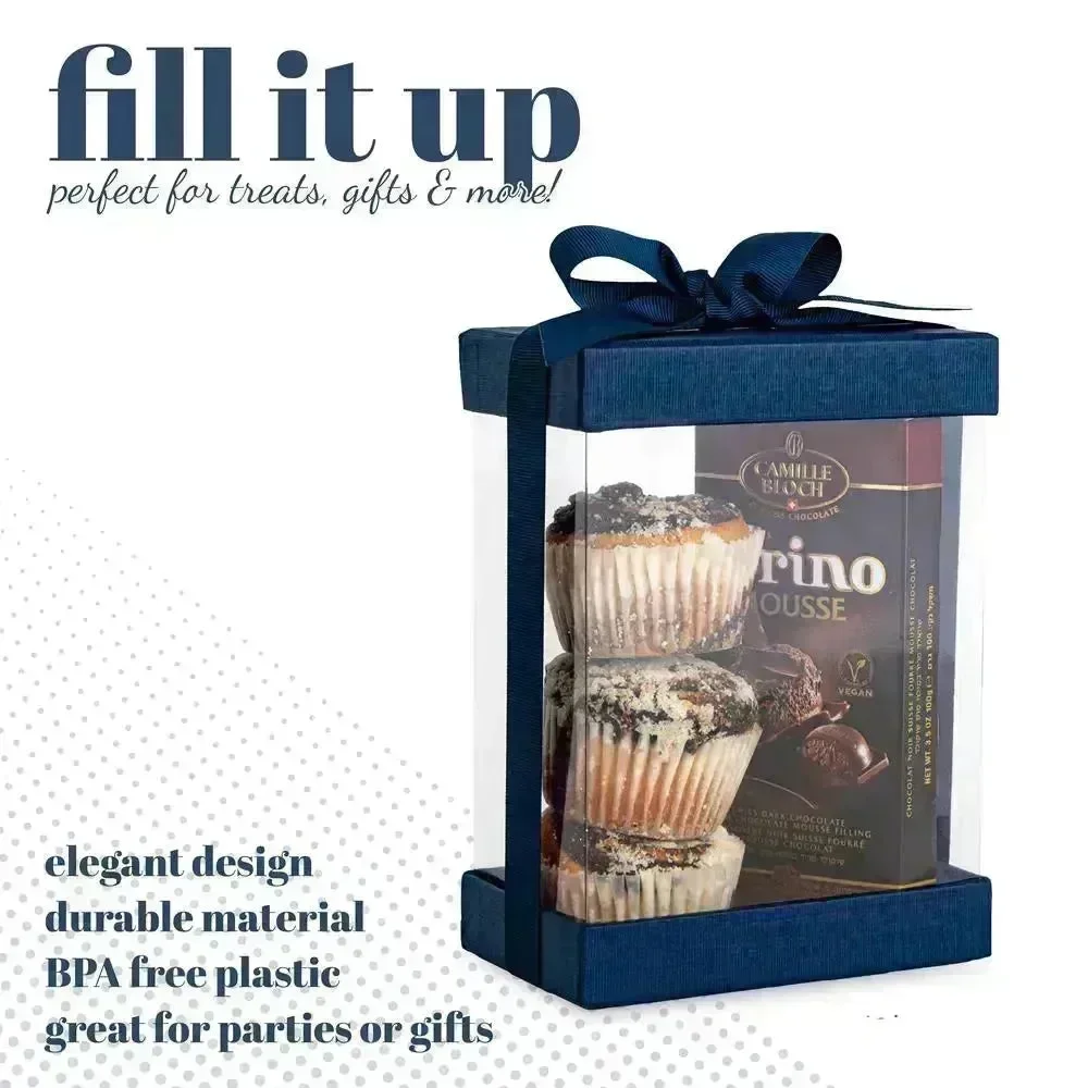 Clear Navy Blue 7X5X3 Gift Boxes 6 Pack Bakery Boxes With Base Lid & Ribbon - Image 4
