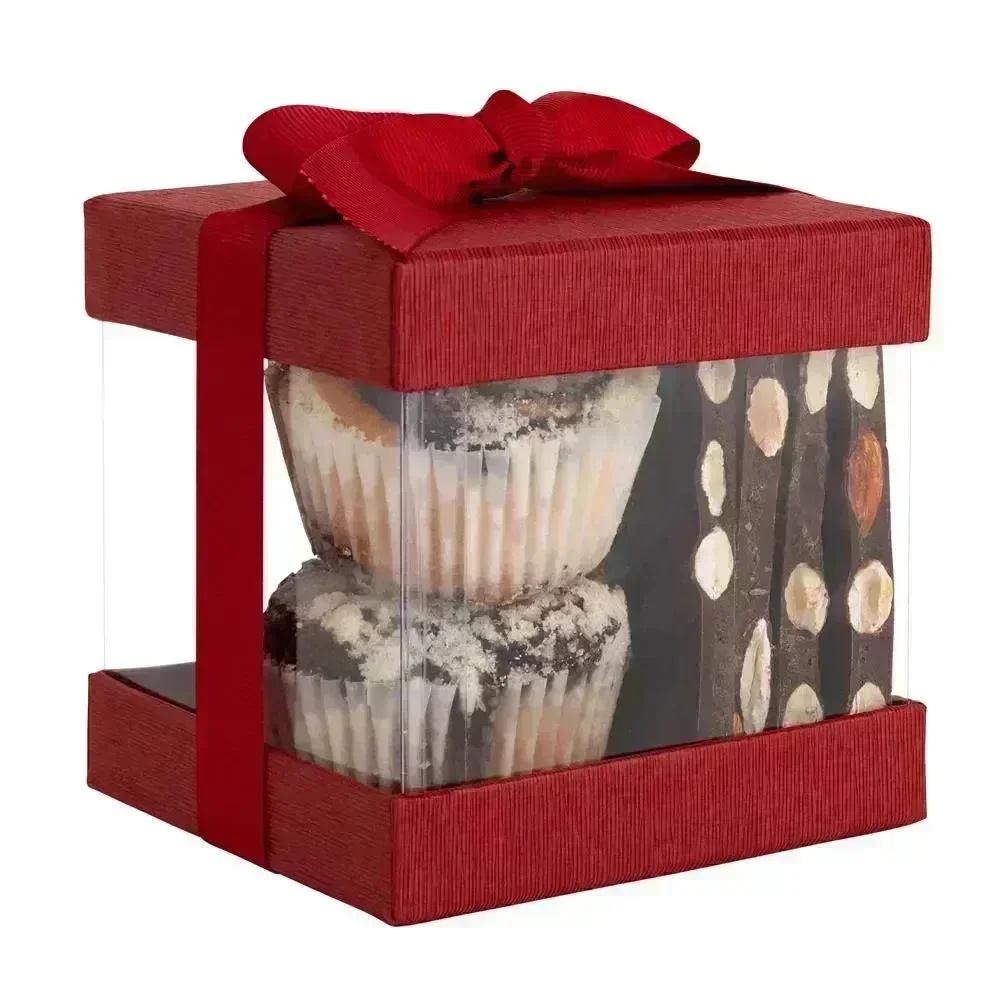 Clear Plastic Gift Boxes 6 Pack Maroon 4X4X4" Bakery Boxes With Base Lid & Ribbon - Image 2