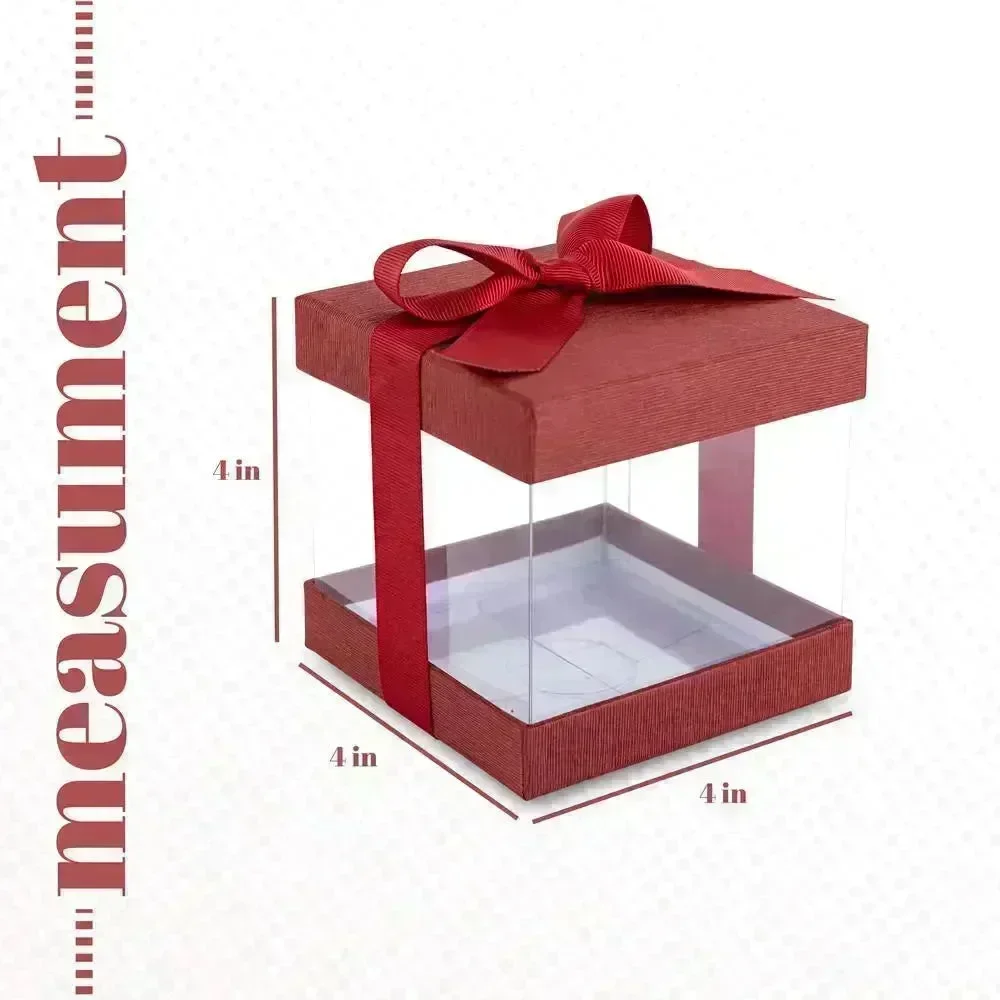 Clear Plastic Gift Boxes 6 Pack Maroon 4X4X4" Bakery Boxes With Base Lid & Ribbon - Image 3