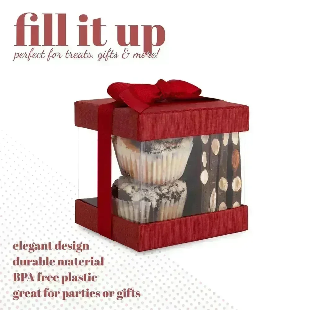 Clear Plastic Gift Boxes 6 Pack Maroon 4X4X4" Bakery Boxes With Base Lid & Ribbon - Image 4