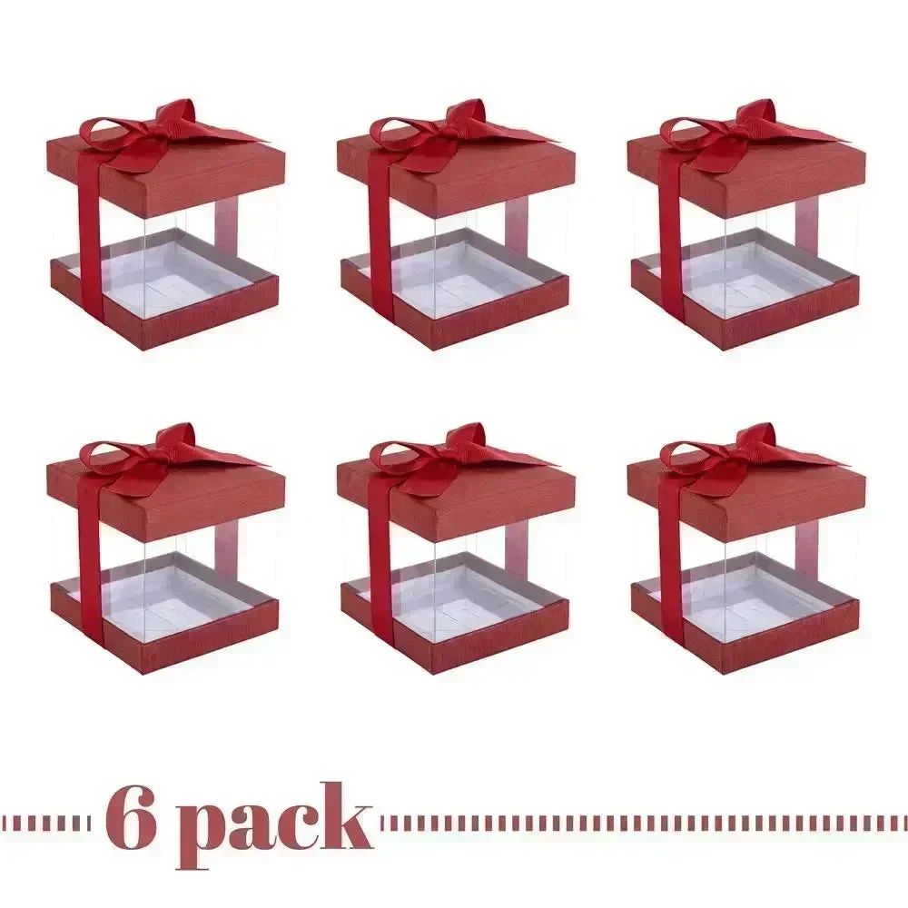 Clear Plastic Gift Boxes 6 Pack Maroon 4X4X4" Bakery Boxes With Base Lid & Ribbon - Image 7