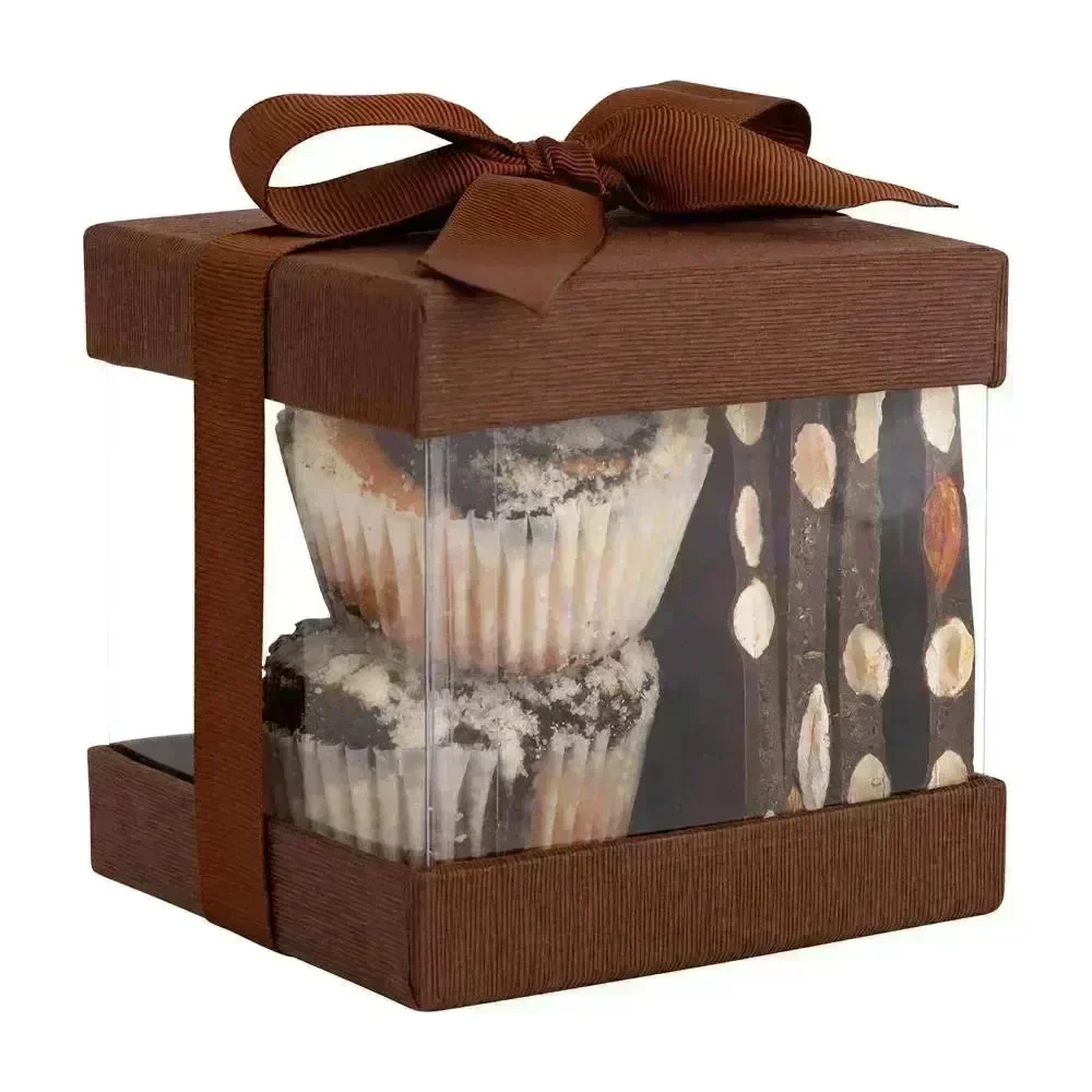 Clear Plastic Gift Boxes Brown 4X4X4" 6 Pack Bakery Boxes With Base Lid & Ribbon - Image 2