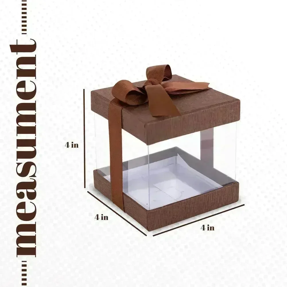 Clear Plastic Gift Boxes Brown 4X4X4" 6 Pack Bakery Boxes With Base Lid & Ribbon - Image 3