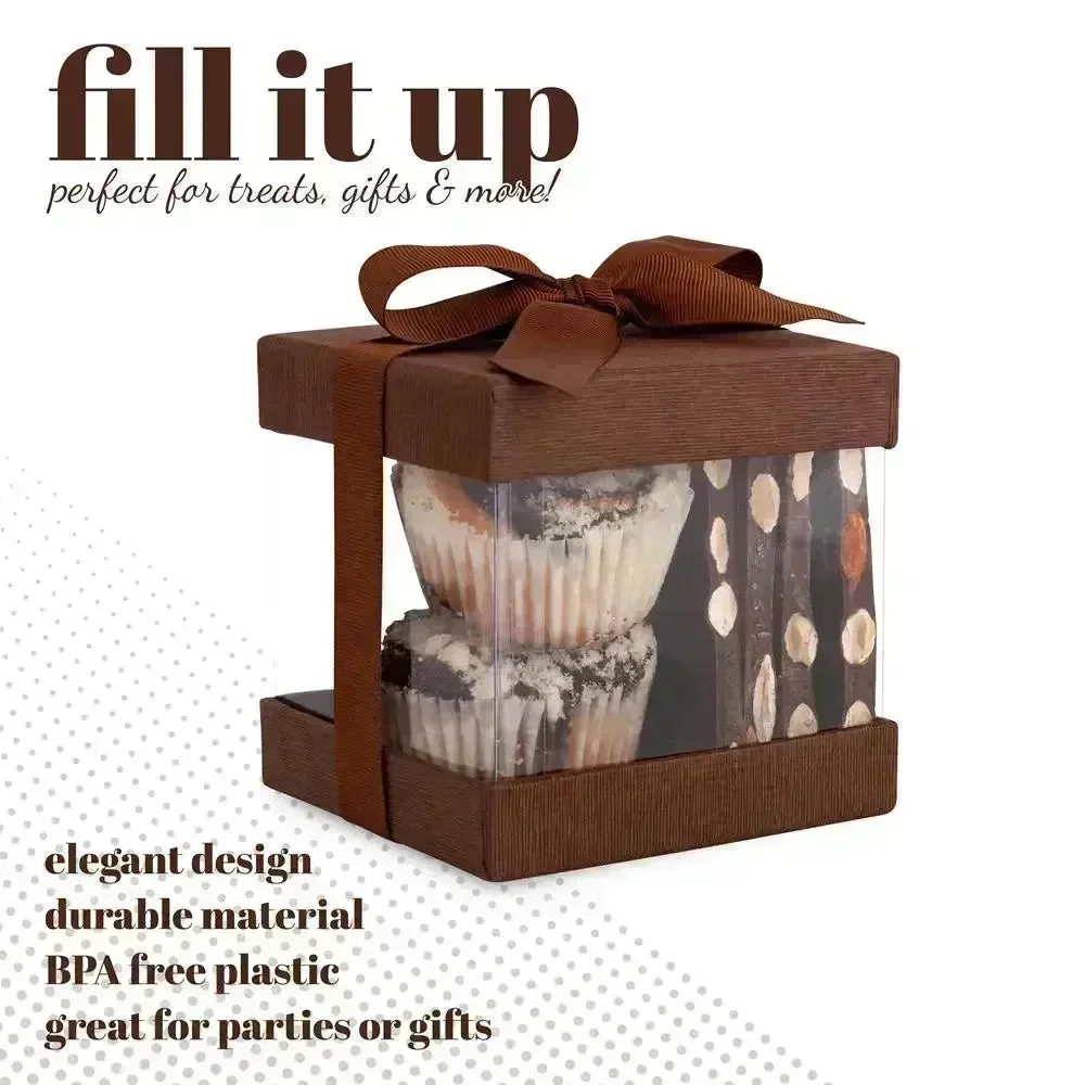 Clear Plastic Gift Boxes Brown 4X4X4" 6 Pack Bakery Boxes With Base Lid & Ribbon - Image 4