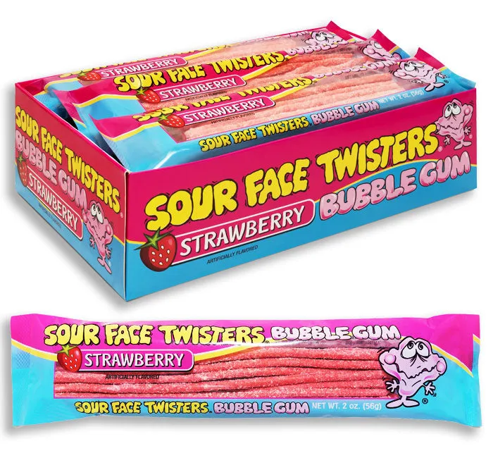 Face Twisters Sour Bubblegum Straws - Strawberry: 12-Piece Display