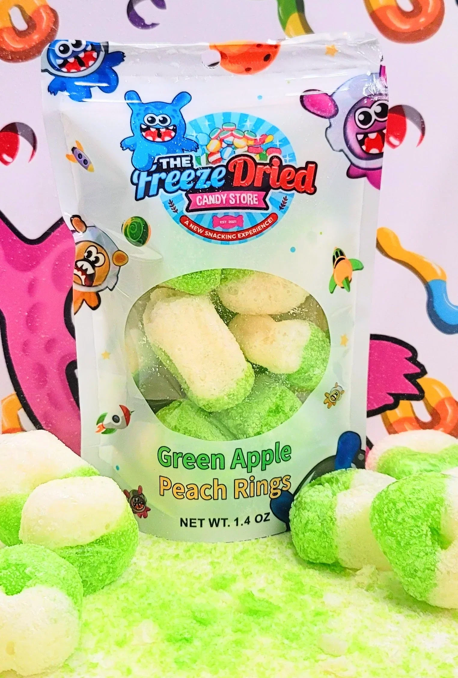 Freeze Dried Green Apple Peach Rings Candy