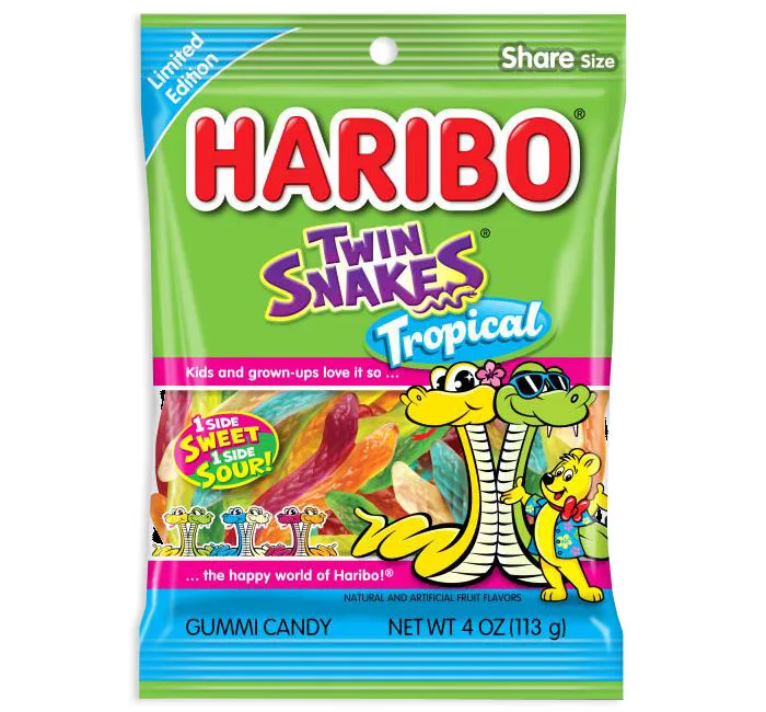 Haribo Gummy Tropical Twin Snakes Candy Peg Bags: 12-Piece Box