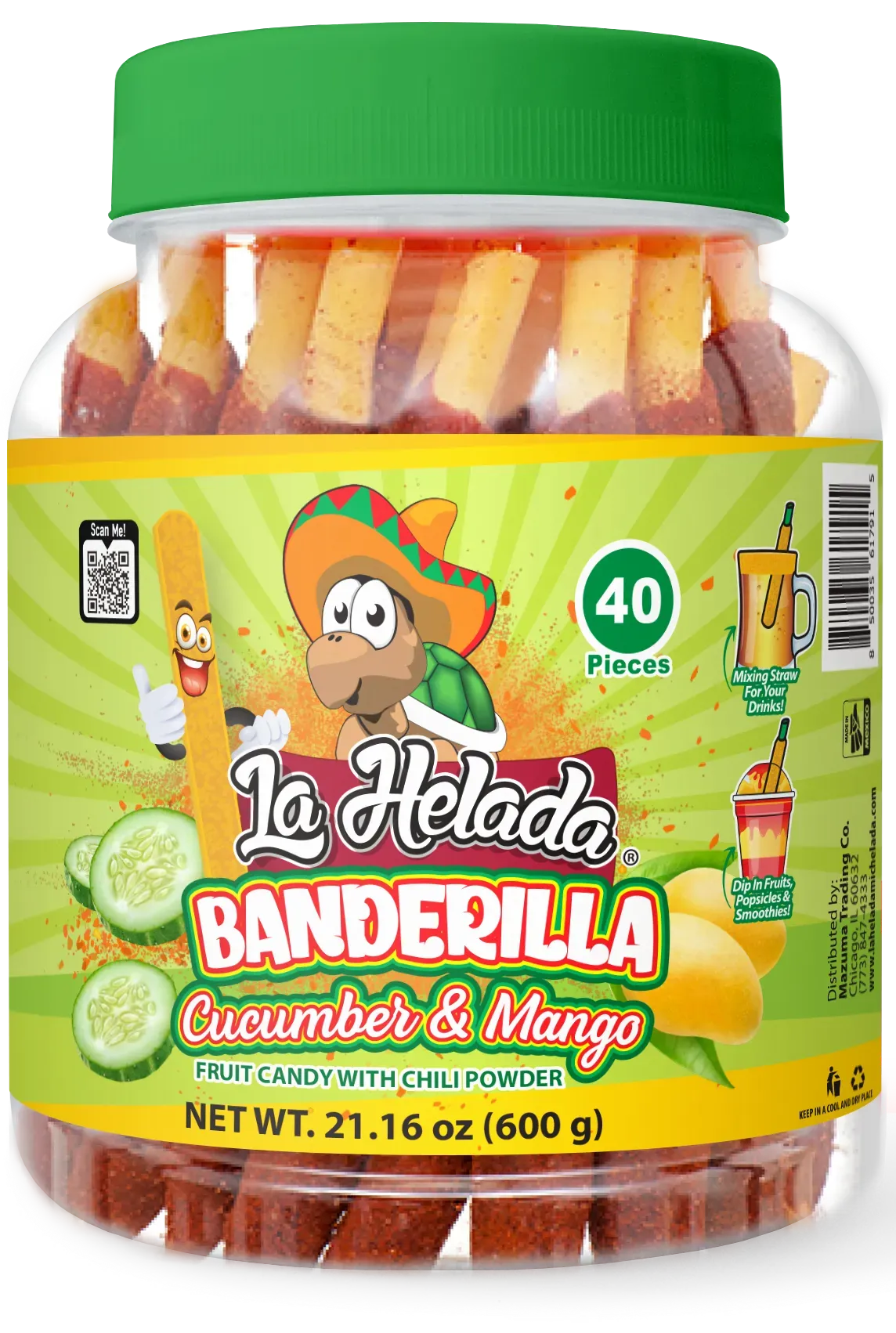 La Helada Banderilla Cucumber & Mango Candy Straws: 40-Piece Jar
