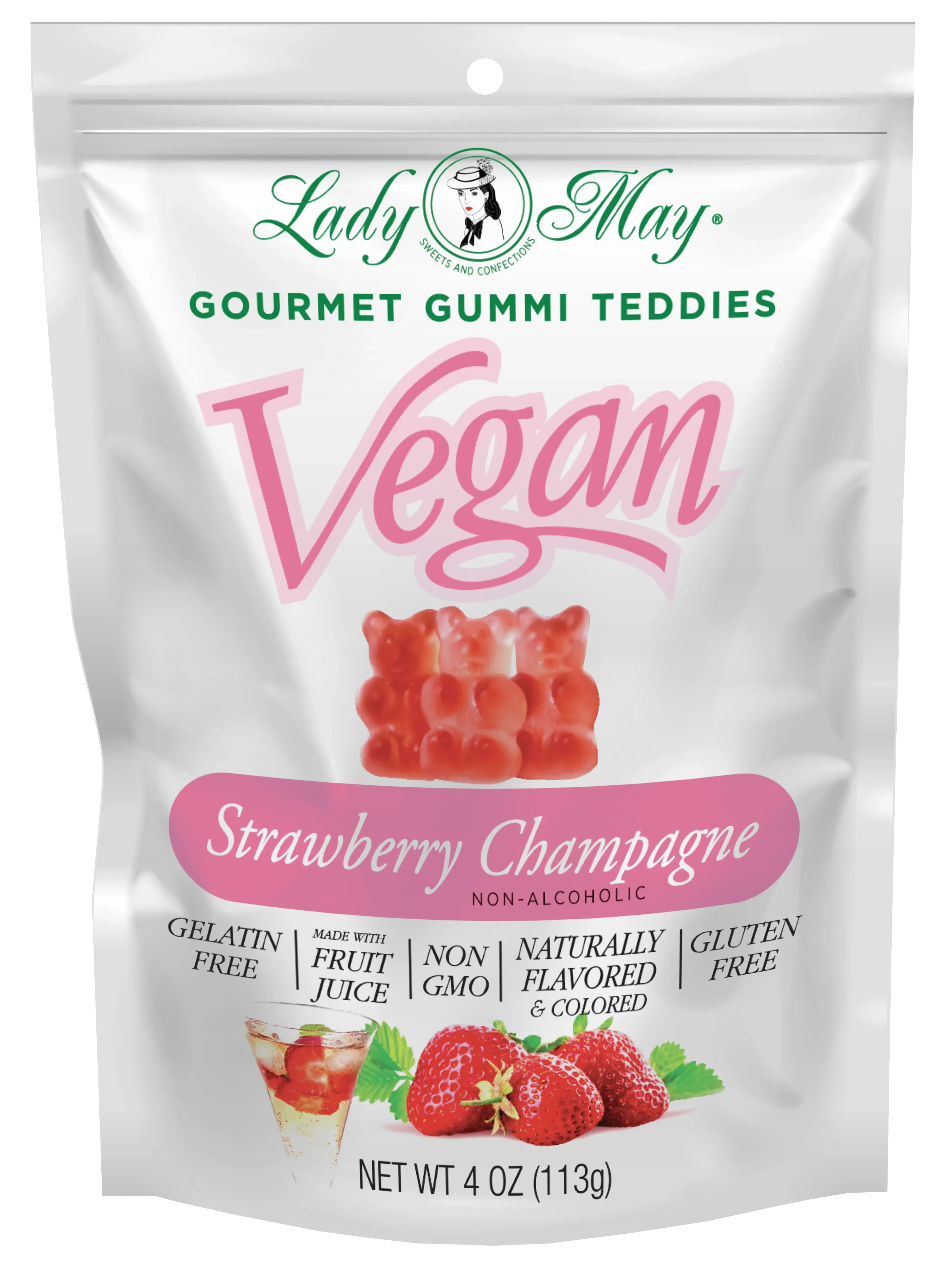 Lady May Sweets Vegan Gourmet Strawberry Champagne Gummi Teddies