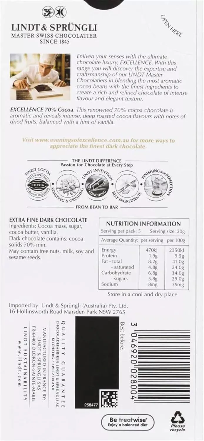 Lindt Excellence 70% Cocoa Dark Chocolate Bar: 12-Piece Box - Image 2