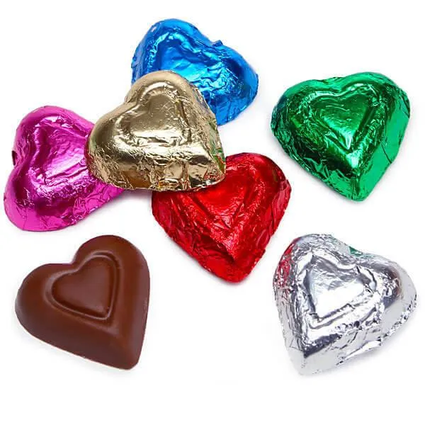 Madelaine Assorted Colors Foiled Milk Chocolate Hearts: 5LB Bag