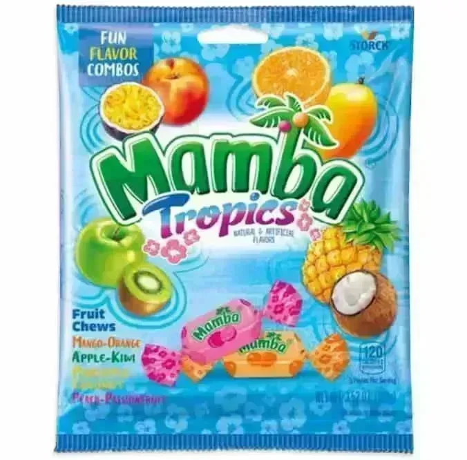 Mamba Tropics Chews Candy Peg Bags: 12-Piece Case