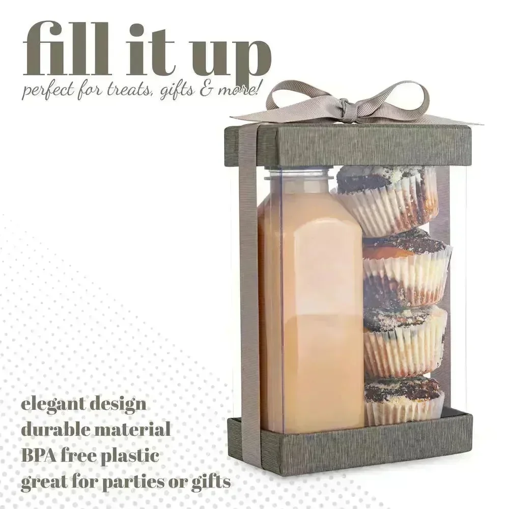 Plastic Gift Boxes 6 Pack With Base Lid & Ribbon Gray 7.5X5X2.5" Bakery Boxes - Image 4