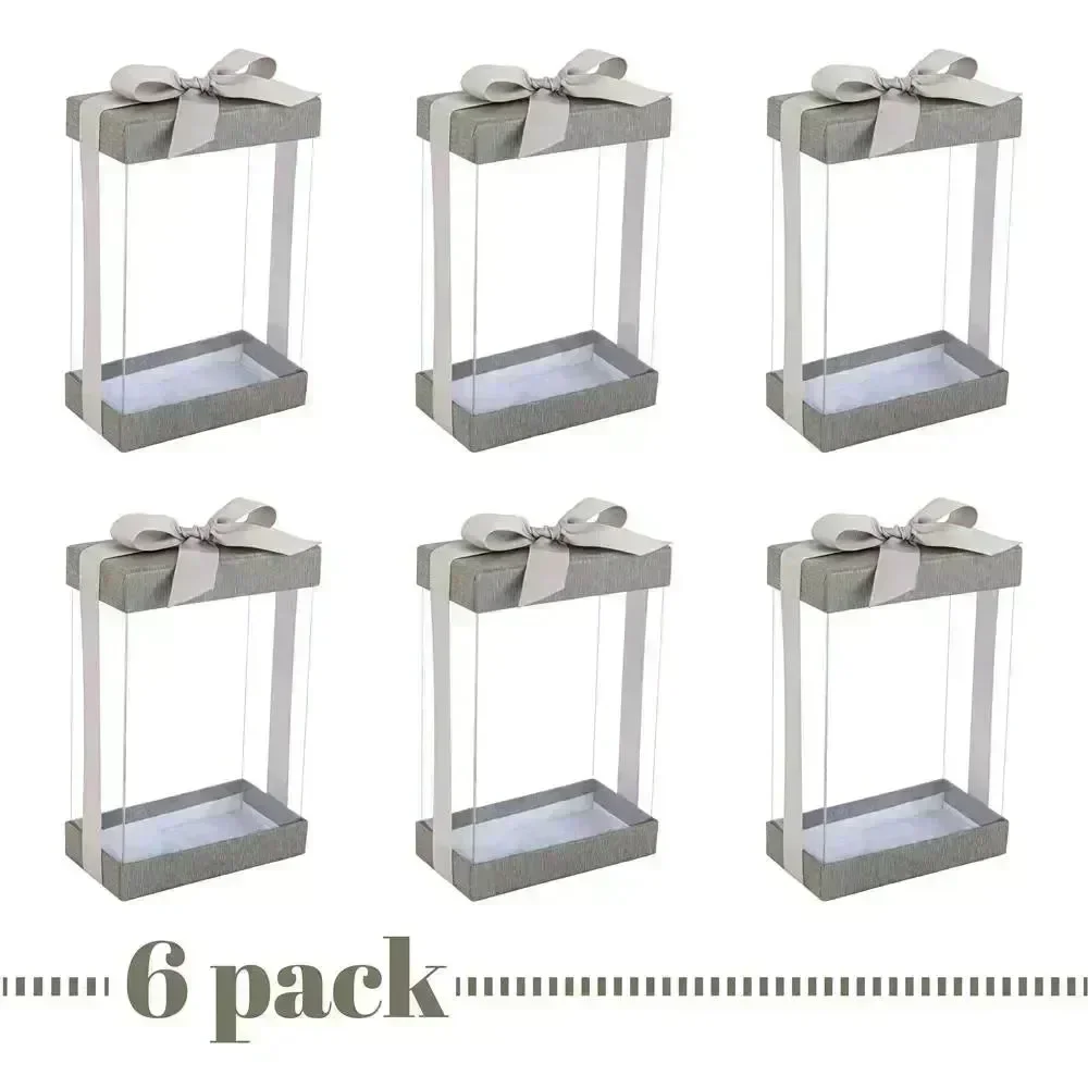 Plastic Gift Boxes 6 Pack With Base Lid & Ribbon Gray 7.5X5X2.5" Bakery Boxes - Image 7