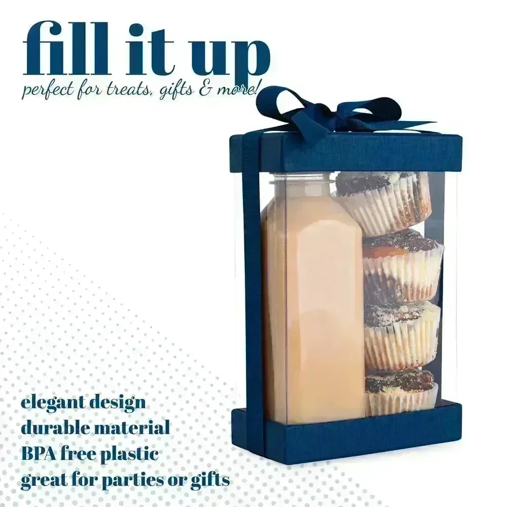 Plastic Gift Boxes 6 Pack With Base Lid & Ribbon Navy Blue 7.5X5X2.5" Bakery Boxes - Image 4