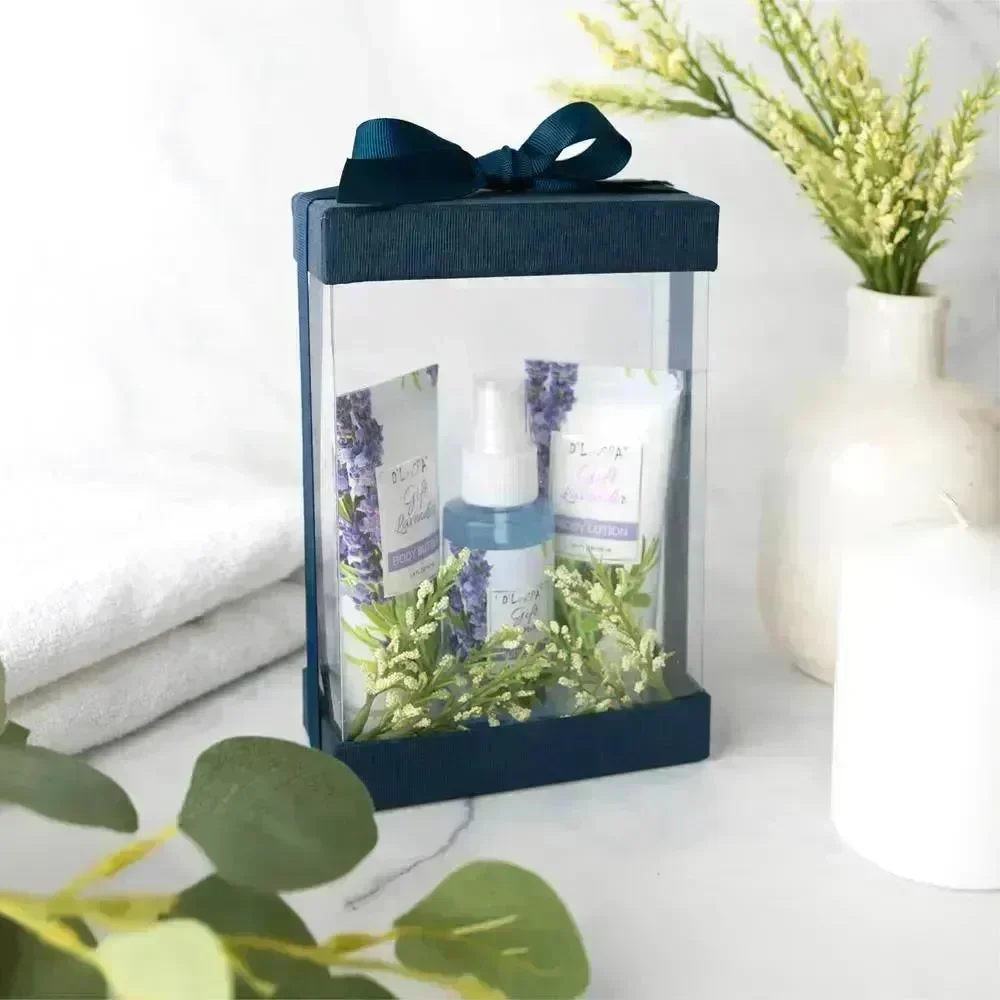 Plastic Gift Boxes 6 Pack With Base Lid & Ribbon Navy Blue 7.5X5X2.5" Bakery Boxes - Image 5