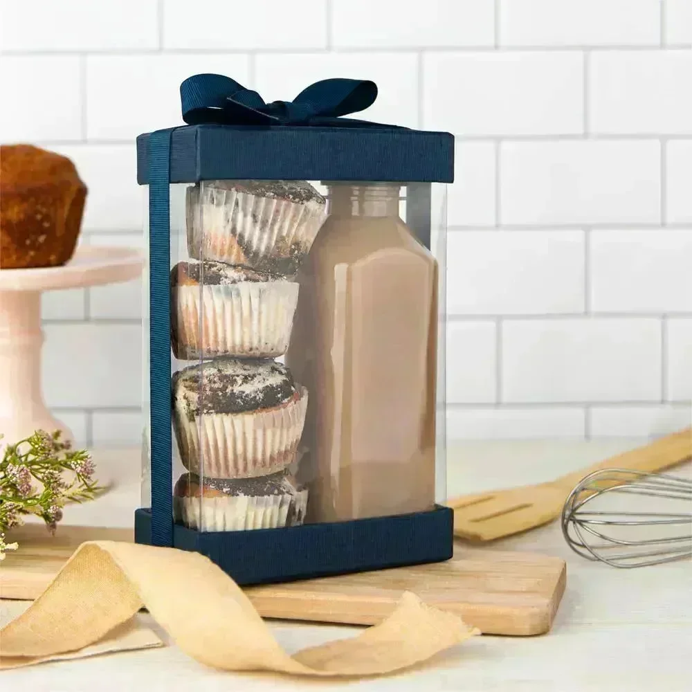 Plastic Gift Boxes 6 Pack With Base Lid & Ribbon Navy Blue 7.5X5X2.5" Bakery Boxes - Image 6