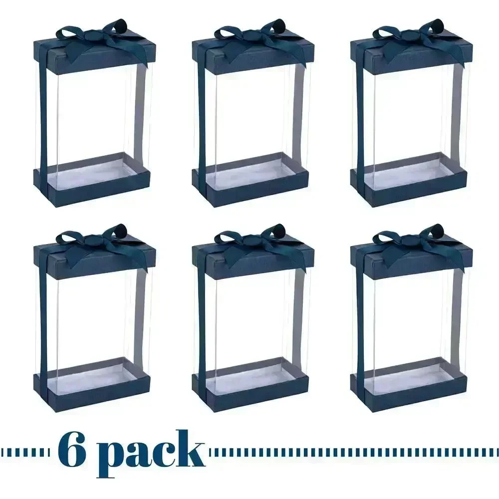 Plastic Gift Boxes 6 Pack With Base Lid & Ribbon Navy Blue 7.5X5X2.5" Bakery Boxes - Image 7