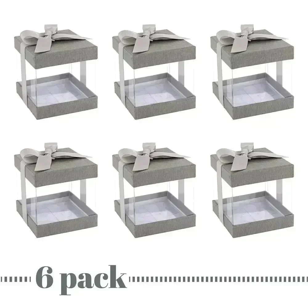 Plastic Gift Boxes Gray 4X4X4" 6 Pack Bakery Boxes With Base Lid & Ribbon - Image 7