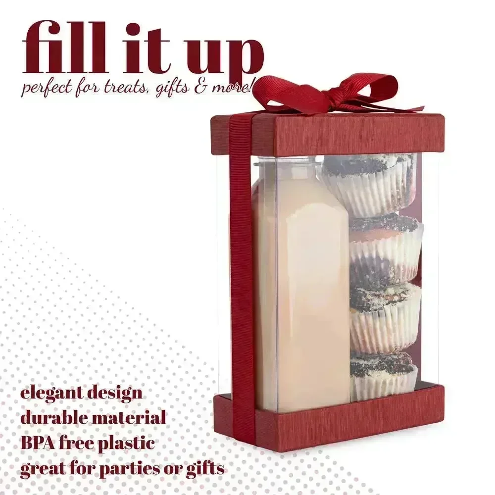 Plastic Gift Boxes With Base Lid & Ribbon Maroon 7.5X5X2.5" 6 Pack Bakery Boxes - Image 4