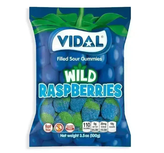 Vidal Sour Wild Raspberry Gummy Candy Peg Bags: 14-Piece Case